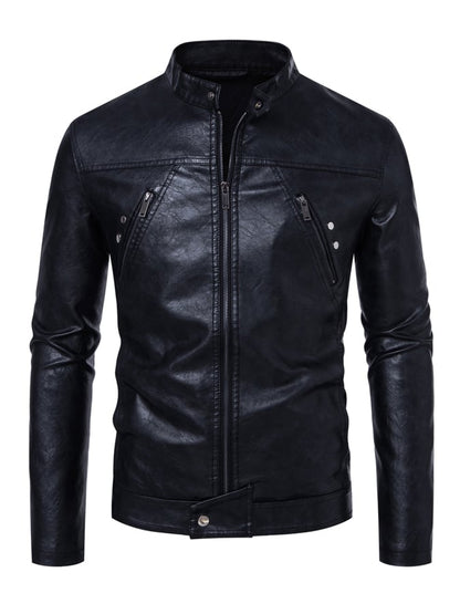 Men'S Stylish Casual Stand Collar Motorcycle Leather Jacket