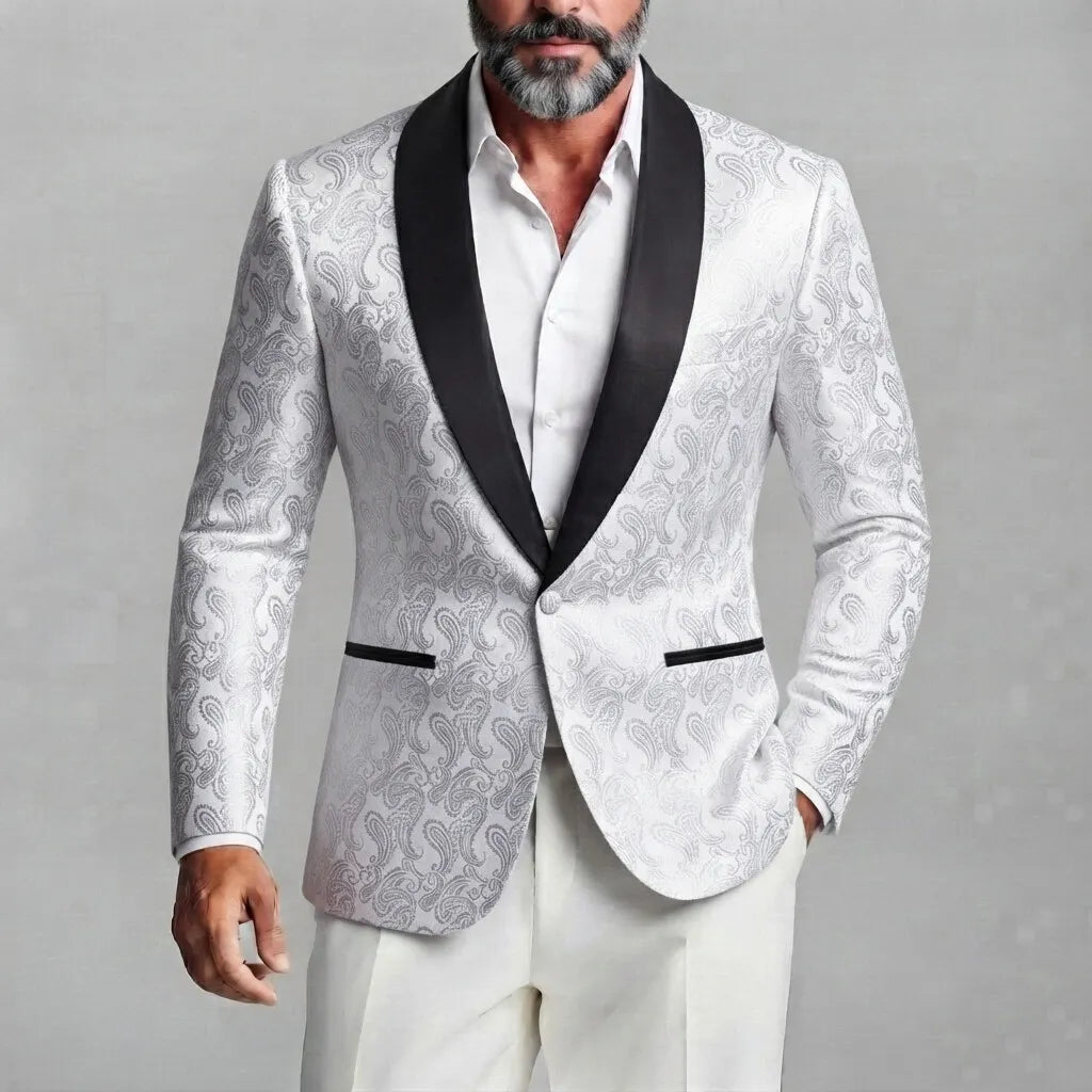 Men's Party Royal Blue Paisley Pattern Contrast Shawl Lapel Slim Fit Blazer