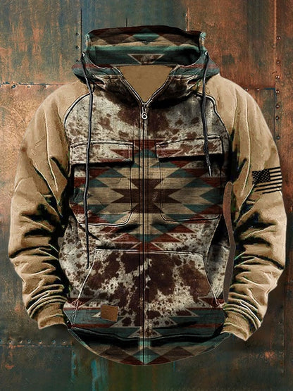 Men's Vintage Western Print Multi-Pocket Jacket