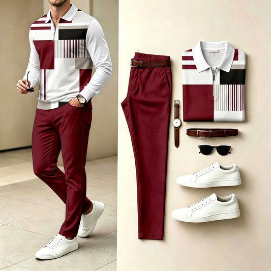 Men's Checkered Polo-Collar Zipper Long-Sleeve Shirt and Pants Two-Piece Set