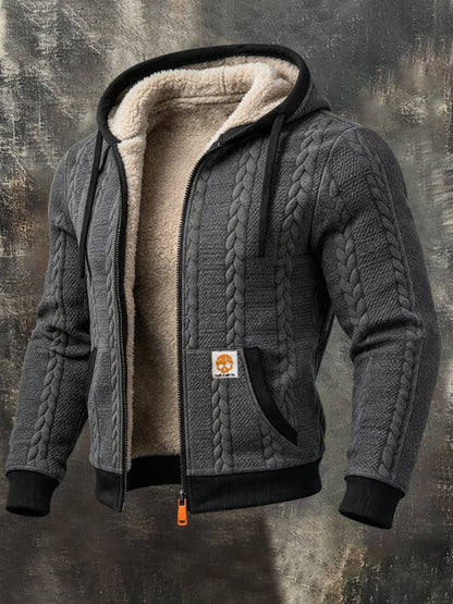 Men'S Retro Fleece-Lined Thermal Color-Block Hooded Jacket With Textured Cable-Knit Detail