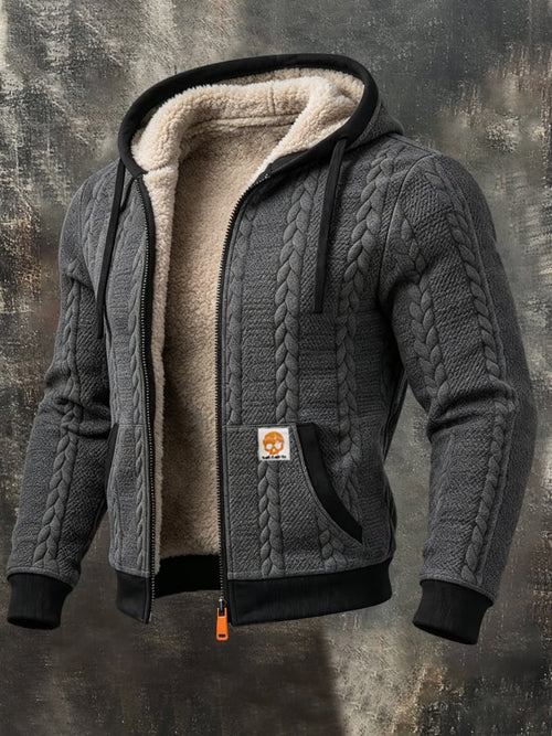 Men'S Retro Fleece-Lined Thermal Color-Block Hooded Jacket With Textured Cable-Knit Detail