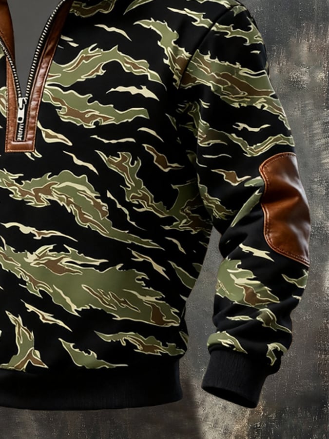 Men's Retro Distressed Color Block Camouflage Print Casual Fur Collar Long Sleeve Sweatshirt