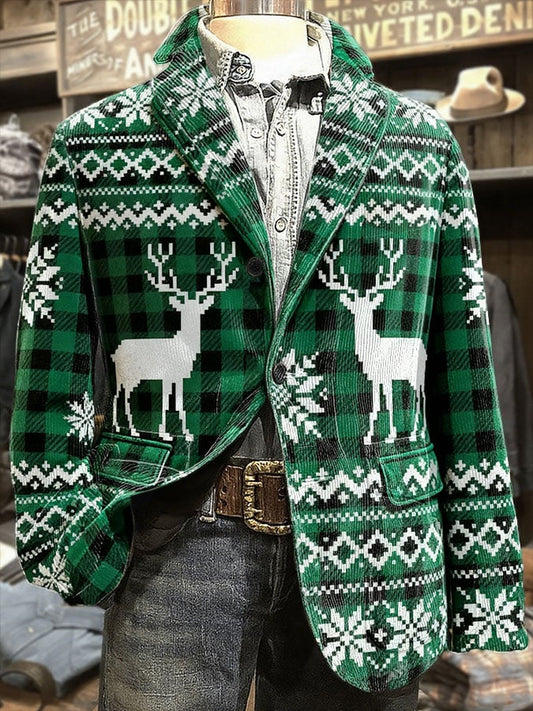 Men's Christmas Plaid Printed Corduroy Casual Jacket