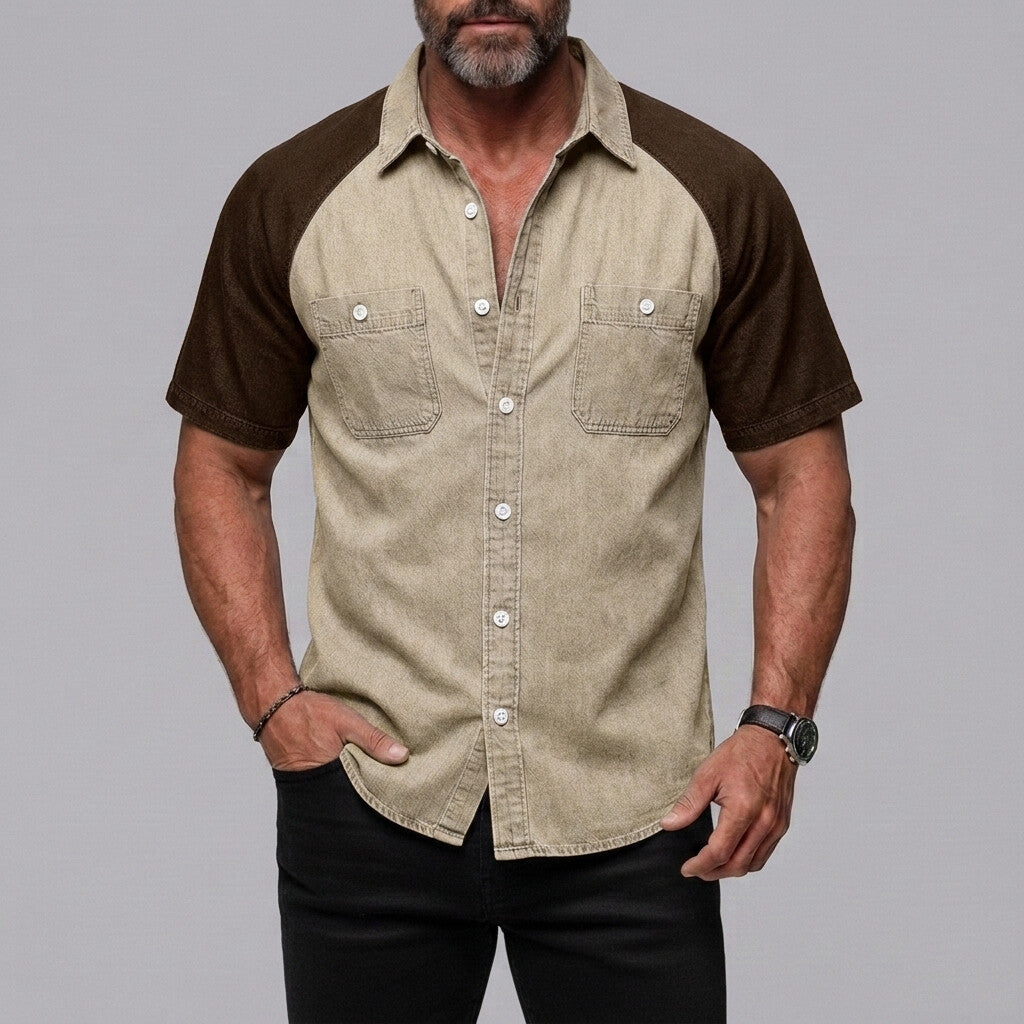 Men's Casual Patch Pockets Button-Up Colorblock Raglan Sleeve Shirt