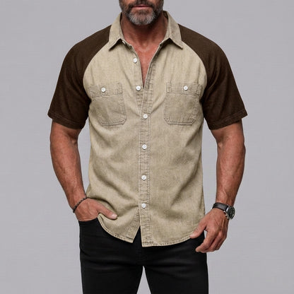 Men's Casual Patch Pockets Button-Up Colorblock Raglan Sleeve Shirt