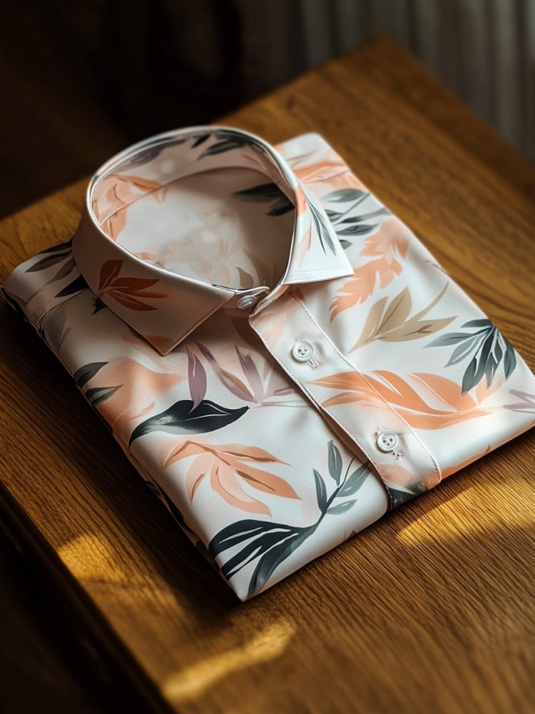 Men's Business Casual Pastel Leaf Lapel Short Sleeve Shirt