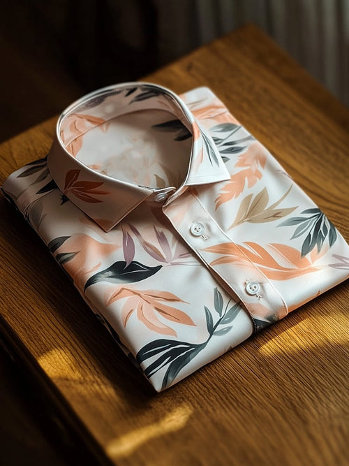 Men's Business Casual Pastel Leaf Lapel Short Sleeve Shirt