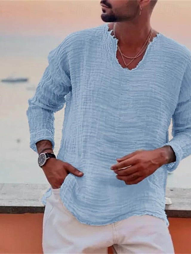 Men's Linen Shirt Summer Shirt Beach Wear Casual Shirt Plain Vacation Curise White Blue Brown Khaki Long-Sleeve V Neck Spring & Summer Clothing Apparel