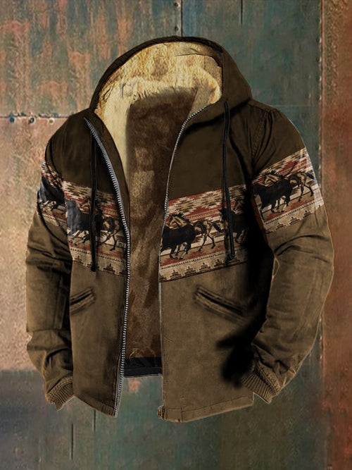 Men's Vintage Western Print Cotton Zip-Up Jacket