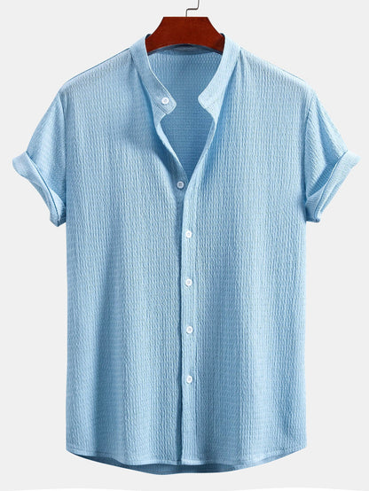Muscle Fit Crinkled Textured Stand Collar Shirt