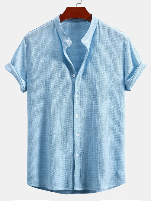 Muscle Fit Crinkled Textured Stand Collar Shirt
