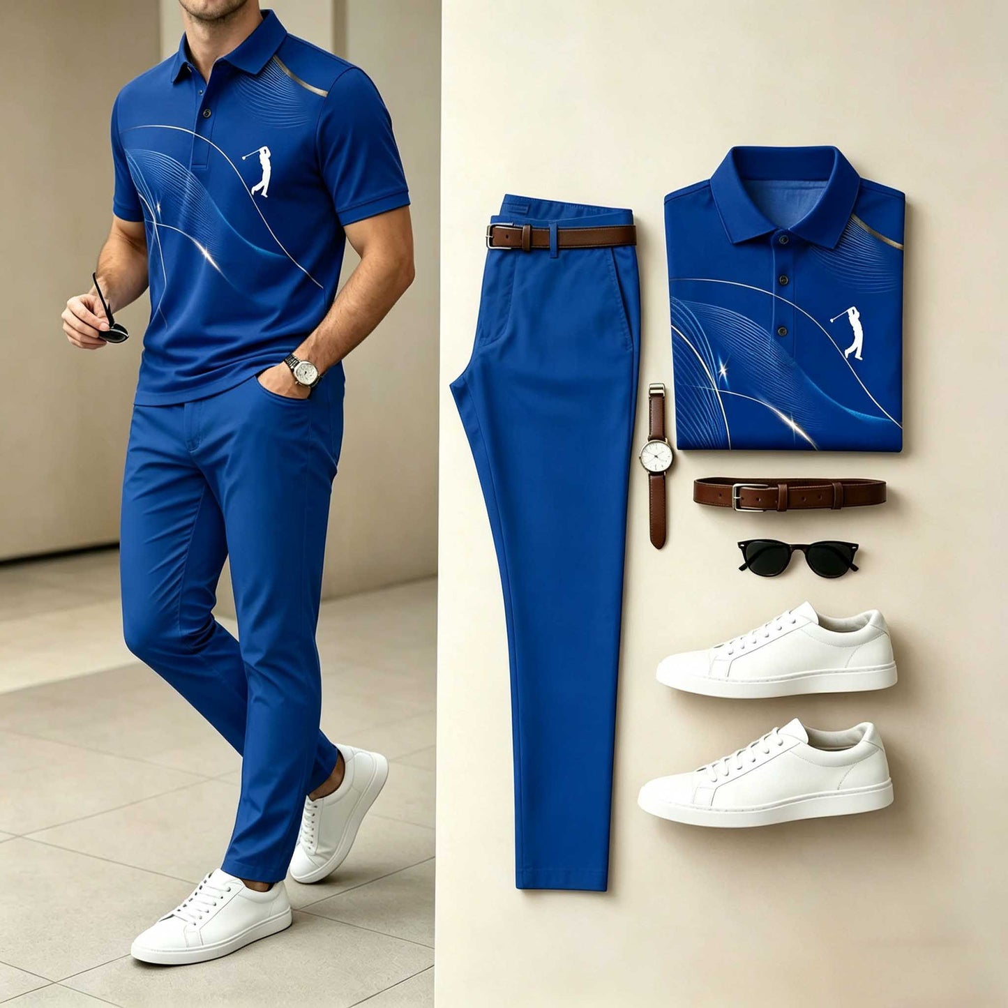 Men's Casual Royal Blue Line Printed Polo Shirt & Pants Two-Piece Set