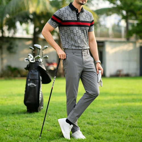 Men's Casual Dark Gray Plaid Printed Polo Shirt And Pants Two-Piece Set