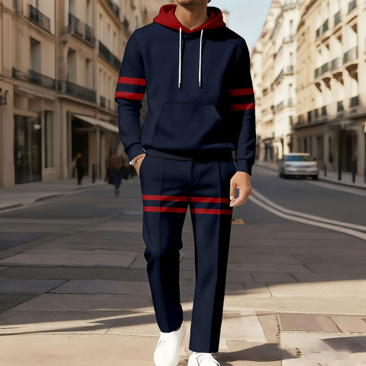 Men's Casual Color Matching Printed Long-Sleeve Hoodies Sweatshirt & Trousers Two-Piece Set