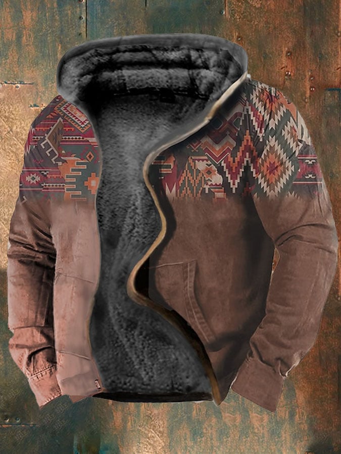 Men's Retro Western Print Velvet Zip Outerwear