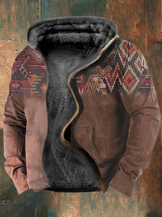 Men's Retro Western Print Velvet Zip Outerwear