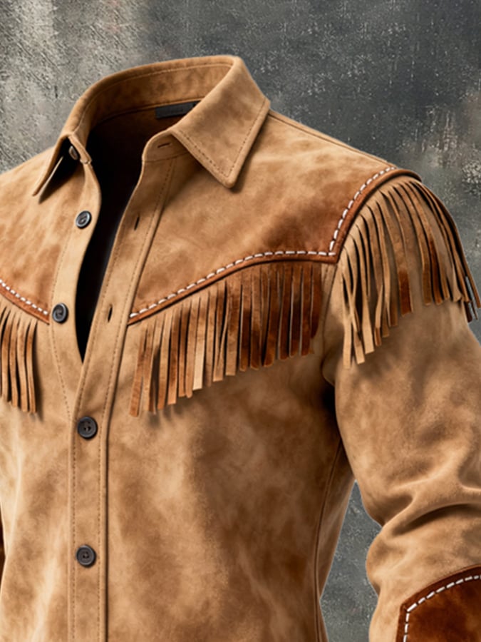 Men'S Vintage Distressed Stitching Tassel Design Long-Sleeved Shirt