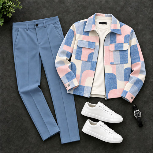 Men's Geometric Print Zip-Up Cardigan and Pants Set