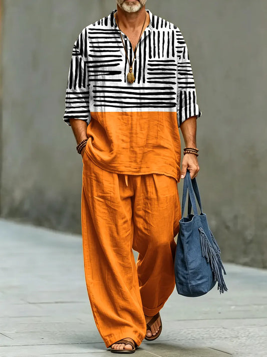 Men's Retro Abstract Print Casual Linen Top And Pants Two-piece Set