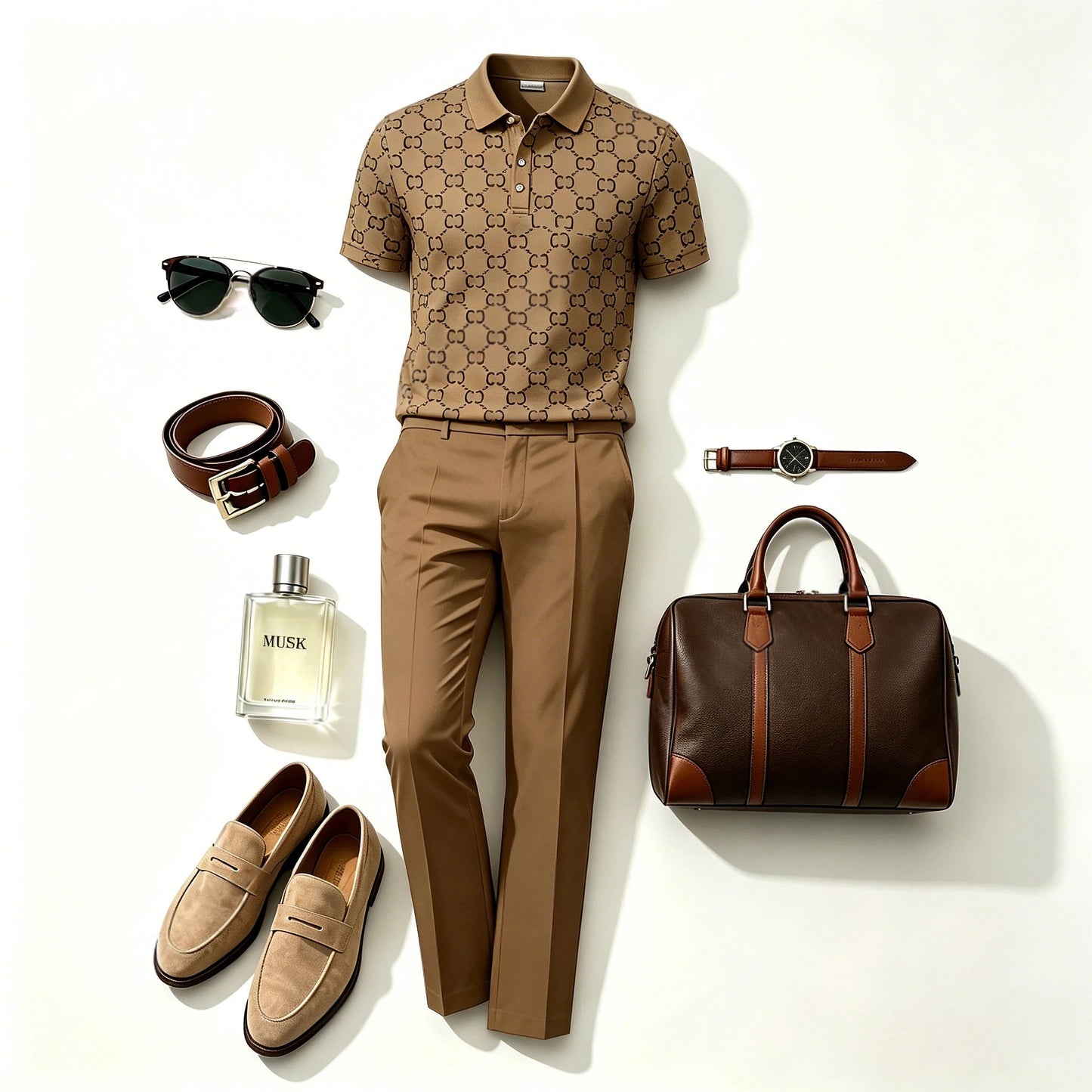 Men's Casual Dark Brown Plaid Printed Polo Shirt And Pants Two-Piece Set