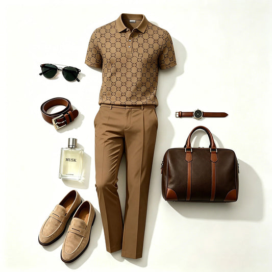 Men's Casual Dark Brown Plaid Printed Polo Shirt And Pants Two-Piece Set