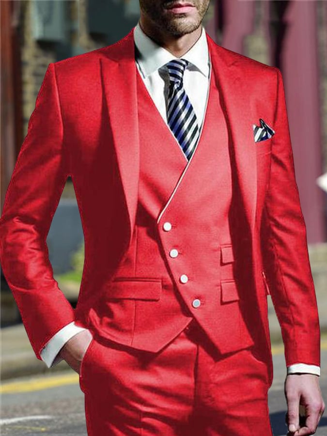 Men's Three-Piece Business Suit With One Button And Contrast Stitching