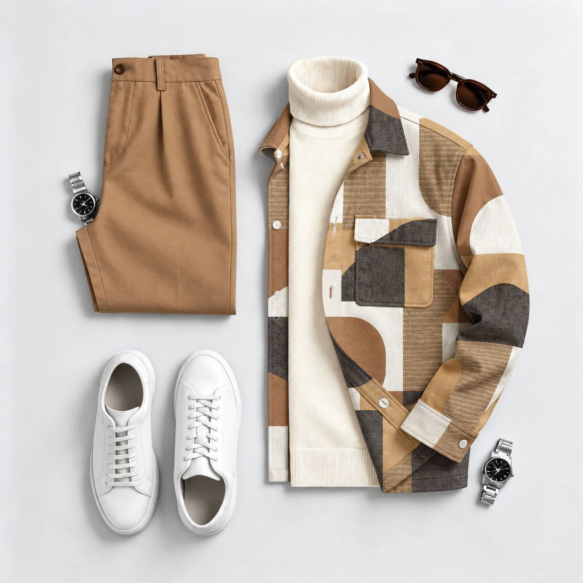 Men's color block patchwork printed long-sleeve shirt and pants two-piece set