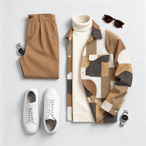 Men's color block patchwork printed long-sleeve shirt and pants two-piece set
