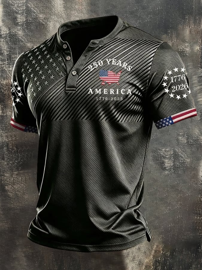 Men's Retro Patriotic Color-Block Short-Sleeve Henley Shirt