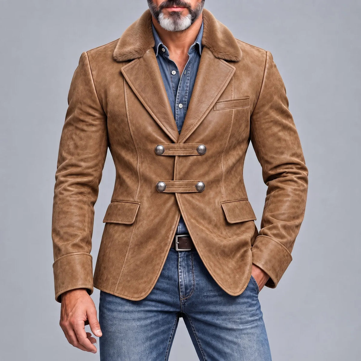 Men's Camel PU Leather Contrast Fuzzy Collar Double Breasted Slim Fit Vintage Blazer