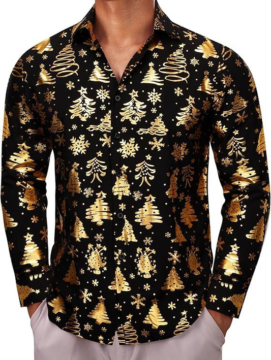 Men's Christmas Dress Shirts Long Sleeve Luxury Shiny Shirt
