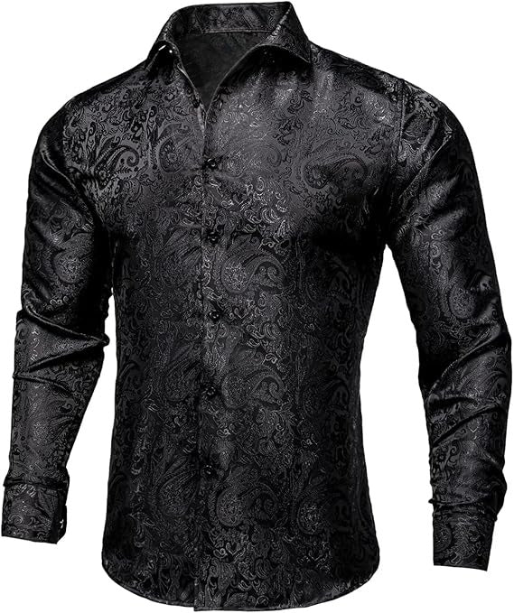 Men's Silk Paisley Dress Shirts,Black Paisley