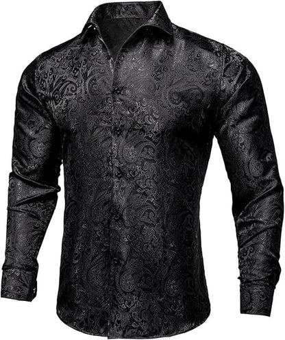Men's Silk Paisley Dress Shirts,Black Paisley