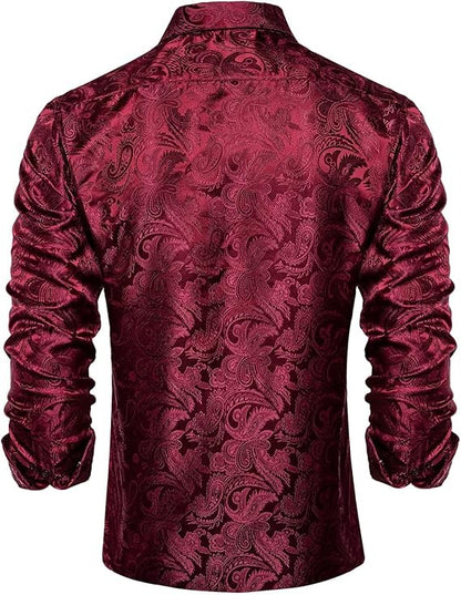 Men's Silk Paisley Dress Shirts,Burgundy Paisley