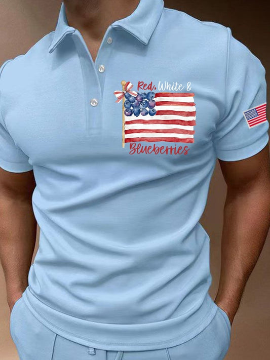 Men's Vintage Red White And Blueberries Printed Polo Shirt