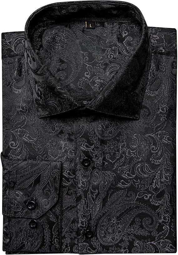 Men's Silk Paisley Dress Shirts,Black Paisley