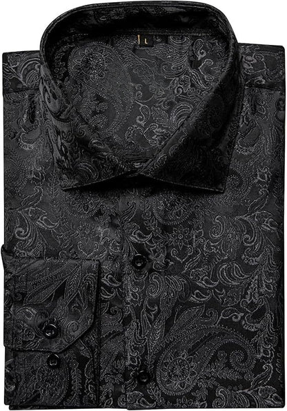 Men's Silk Paisley Dress Shirts,Black Paisley