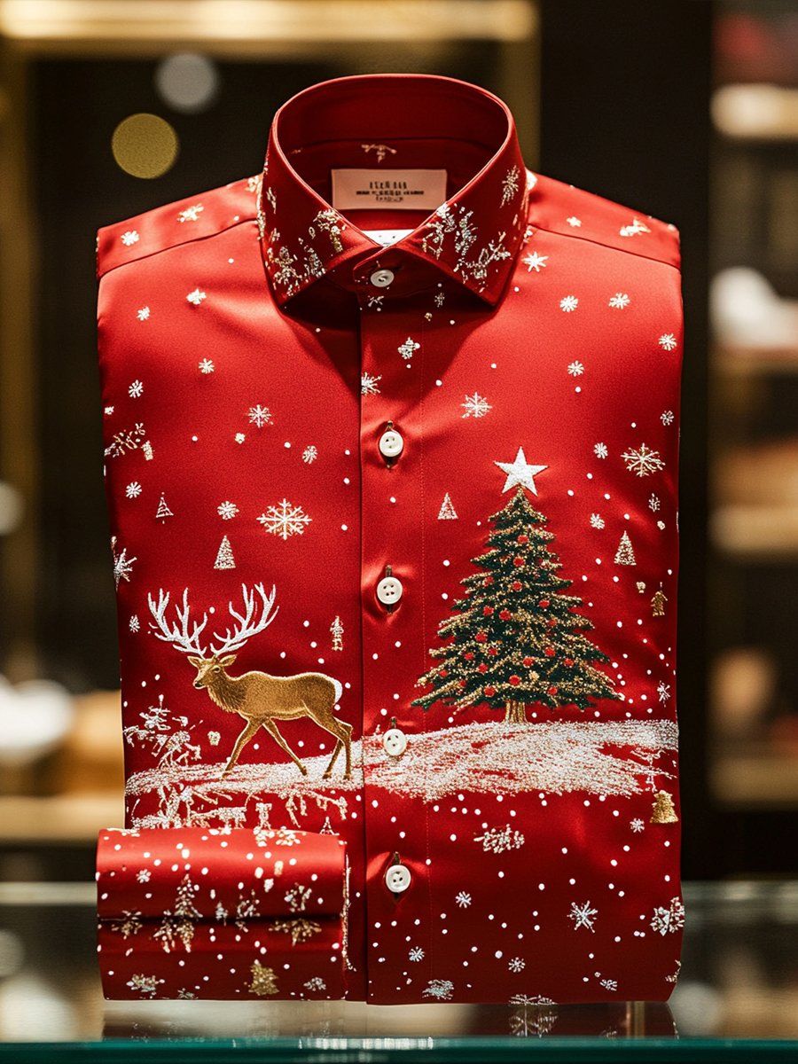 Christmas Men's Business Luxury Christmas Tree and Christmas Elk Long Sleeve Shirt