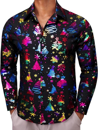 Men's Christmas Dress Shirts Long Sleeve Luxury Shiny Shirt