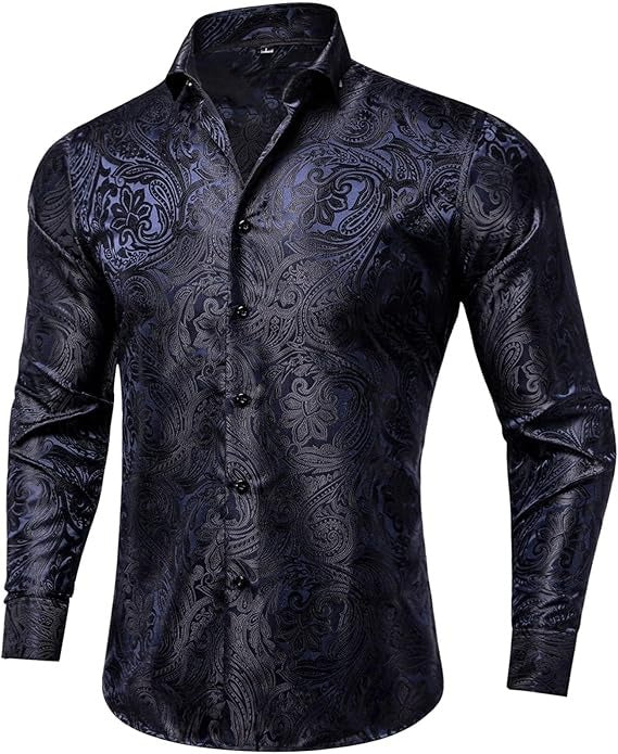 Men's Silk Paisley Dress Shirts,Dark Blue Black Paisley