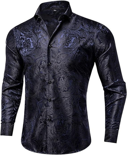 Men's Silk Paisley Dress Shirts,Dark Blue Black Paisley