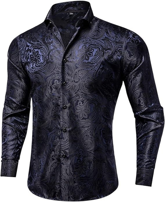 Men's Silk Paisley Dress Shirts,Dark Blue Black Paisley