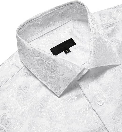 Men's Silk Paisley Dress Shirts,White Paisley