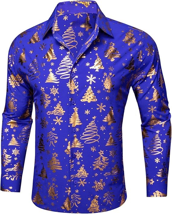 Men's Christmas Dress Shirts Long Sleeve Luxury Shiny Shirt