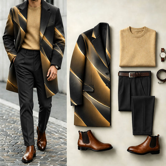 Men's Ribbed Suit Set: Coat, Knit Sweater, and Pants
