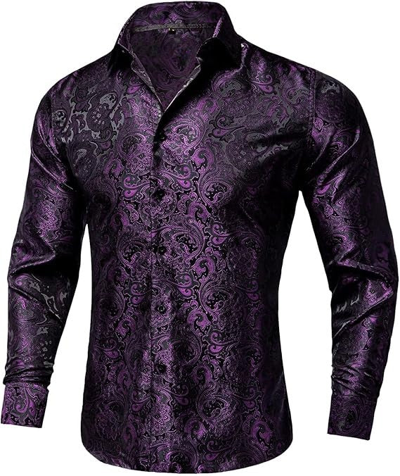 Men's Silk Paisley Dress Shirts,Black Purple