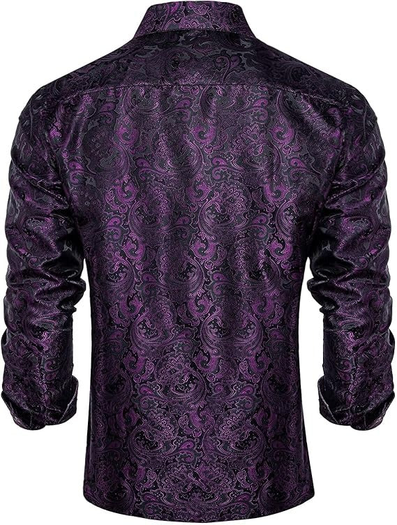 Men's Silk Paisley Dress Shirts,Black Purple