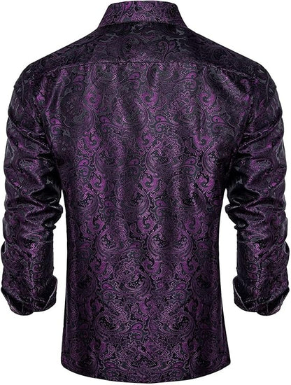 Men's Silk Paisley Dress Shirts,Black Purple