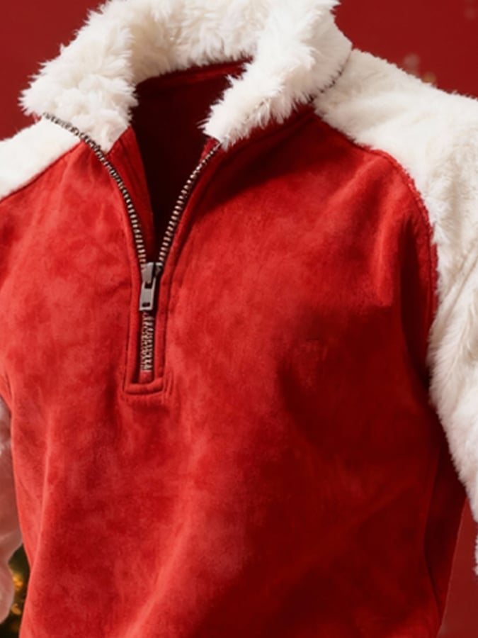 Men's Suede Warm Plush Color-Blocked Christmas Hooded Sweatshirt